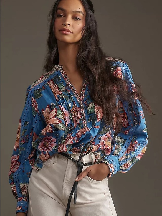 FARM Rio Tops - 🌺 FARM Rio Wonderful Bouquet Blue Floral Long Sleeve Blouse | Size XS